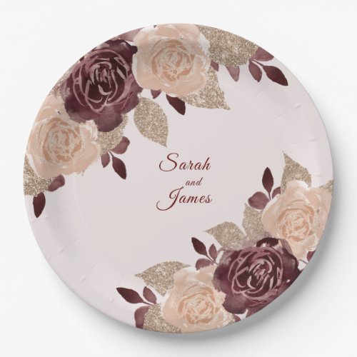 Elegant Burgundy Rose Gold Glitter Floral Wedding Paper Plates
