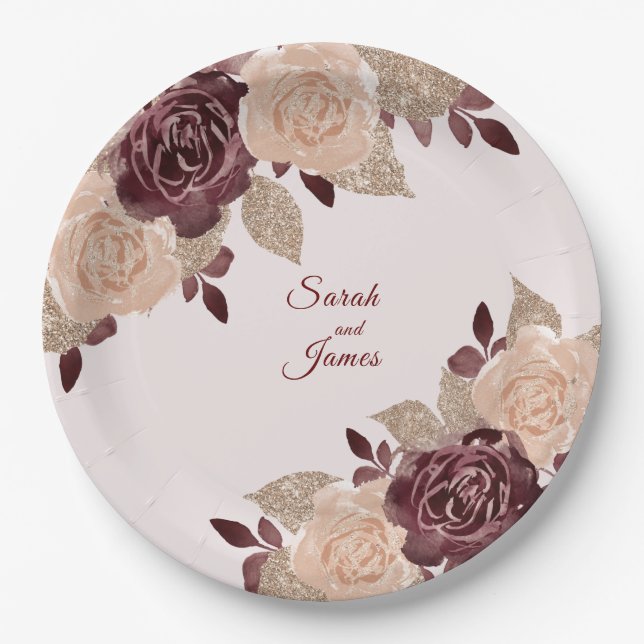 Elegant Burgundy Rose Gold Glitter Floral Wedding Paper Plates (Front)