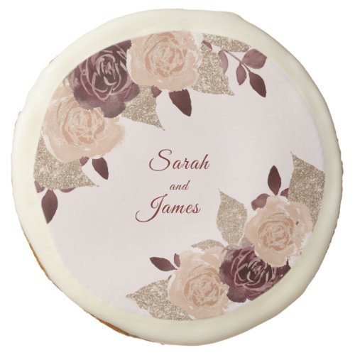 Elegant Burgundy Rose Gold Glitter Floral Wedding  Sugar Cookie