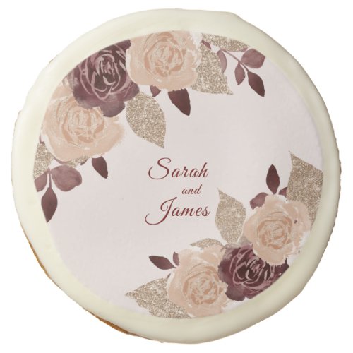 Elegant Burgundy Rose Gold Glitter Floral Wedding Sugar Cookie