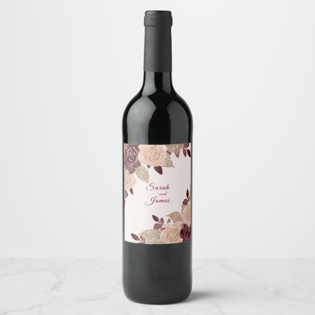 Elegant Burgundy Rose Gold Glitter Floral Wedding Wine Label (Front)
