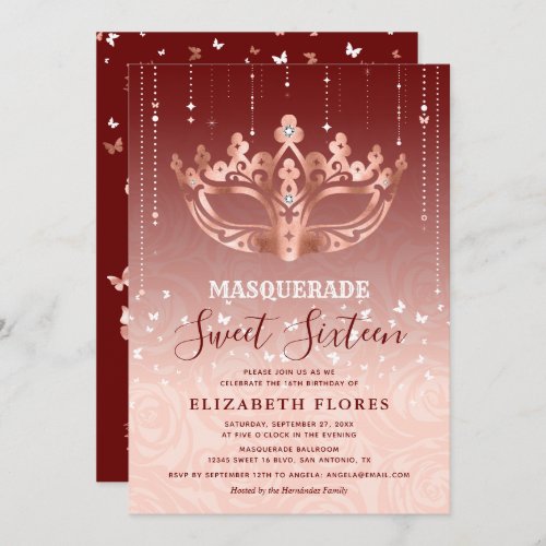 Elegant Burgundy Rose Gold Masquerade Sweet 16 Invitation