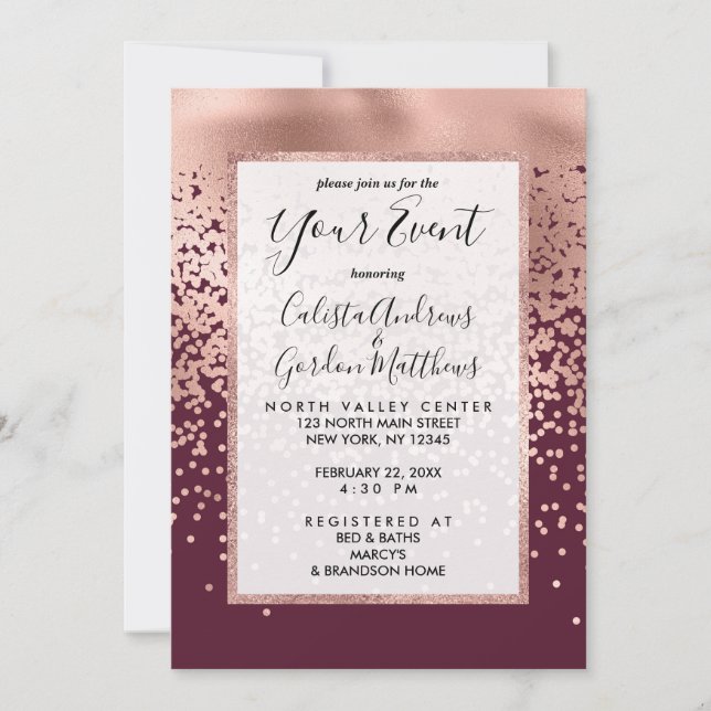 Elegant Burgundy Rose Gold Polka Dot Gradient Invitation (Front)