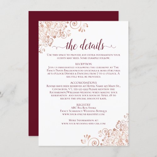 Elegant Burgundy  Rose Gold Wedding Details Enclosure Card