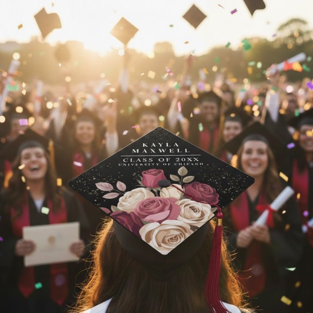 Elegant Burgundy Rose Graduation Name Class Year Cap Topper (Creator Uploaded)