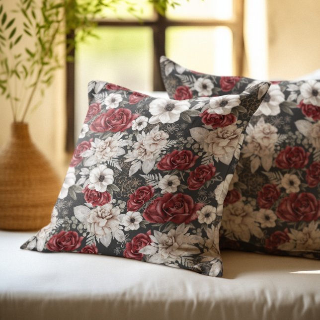 Elegant Burgundy Rose Grey Floral Pattern Throw Pillow (Creator Uploaded)