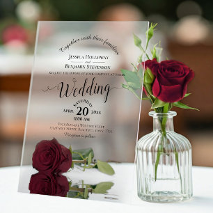 Elegant Burgundy Rose Lacy Calligraphy Wedding Acrylic Invitations
