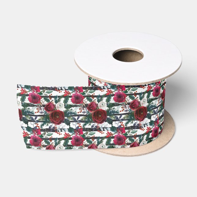 Elegant Burgundy Rose Large Stripe Christmas Satin Ribbon (Spool)