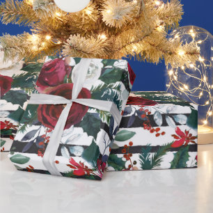 Elegant Burgundy Rose Large Stripe Christmas Wrapping Paper