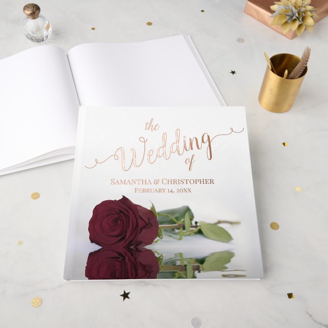 Elegant Burgundy Rose Large Wedding Foil Foil Guest Book (Front Open)