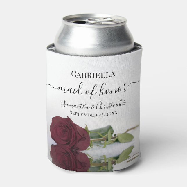 Elegant Burgundy Rose Maid of Honor Wedding Can Cooler (Can Front)
