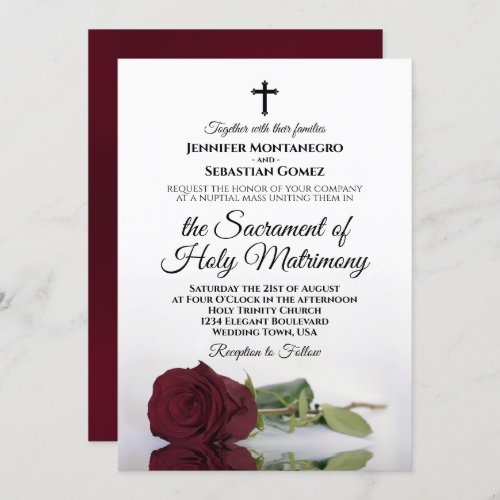 Elegant Burgundy Rose Modern Catholic Wedding Invitation