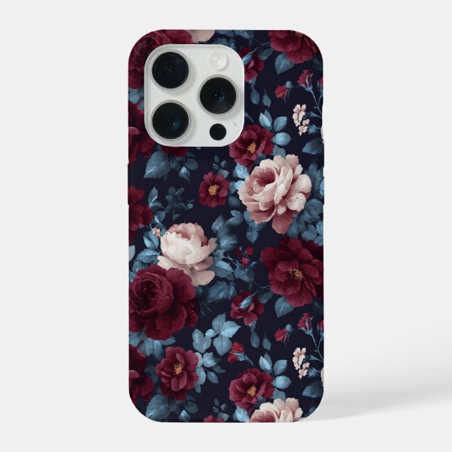 Elegant Burgundy Rose Navy Floral Pattern iPhone Case (Back)