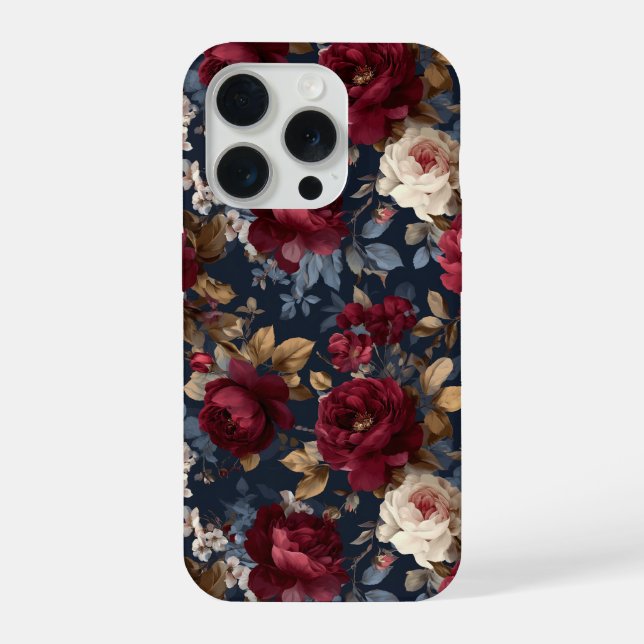 Elegant Burgundy Rose Navy Floral Pattern iPhone Case (Back)