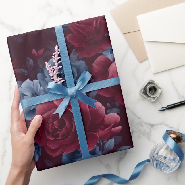Elegant Burgundy Rose Navy Floral Pattern Wrapping Paper (Gifting)