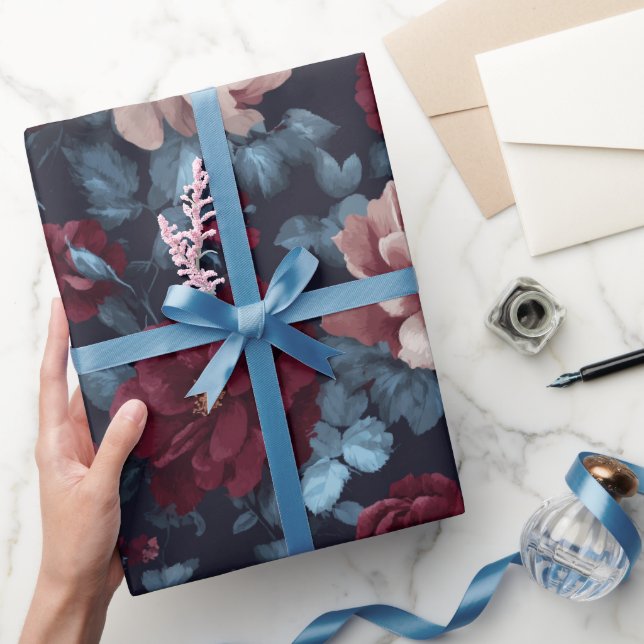 Elegant Burgundy Rose Navy Floral Pattern Wrapping Paper (Gifting)