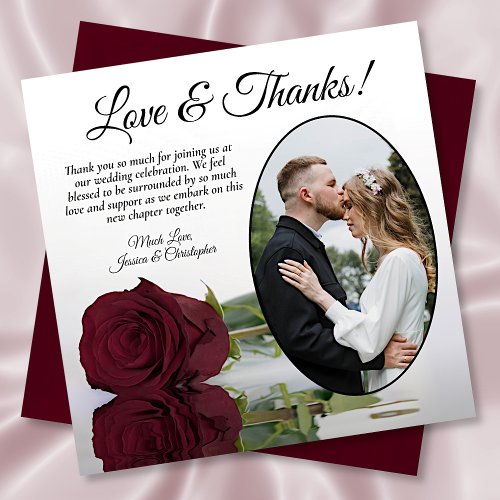 Elegant Burgundy Rose Oval Photo Wedding Thank You Card