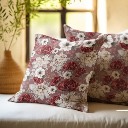 Elegant Burgundy Rose Pink Floral Pattern Throw Pillow