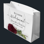 Elegant Burgundy Rose Posh Bridesmaid Wedding Large Gift Bag<br><div class="desc">These beautiful gift bags are designed as a wedding gift or favor bag for your Bridesmaids. They feature a simple yet stunning design with a long stemmed burgundy rose lying on its side. The title "Bridesmaid" written in fancy script letters with swashes on the ends. There is also a place...</div>