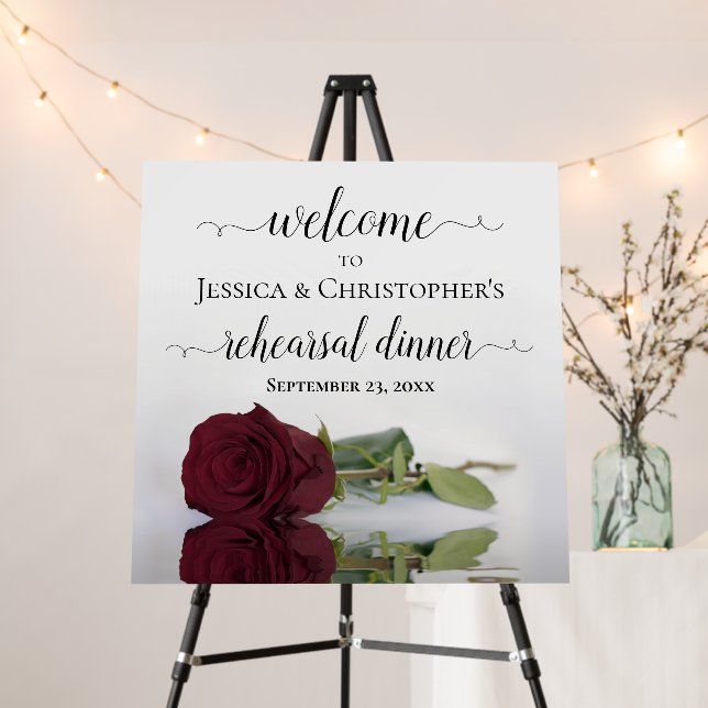 Elegant Burgundy Rose Rehearsal Dinner Welcome Foam Board (In Situ (Stand))