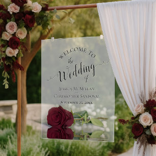 Elegant Burgundy Rose Romantic Wedding Welcome Acrylic Sign