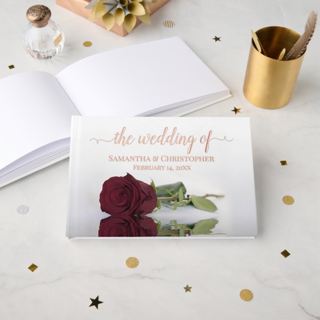 Elegant Burgundy Rose Small Wedding Foil Foil Guest Book (Front Open)