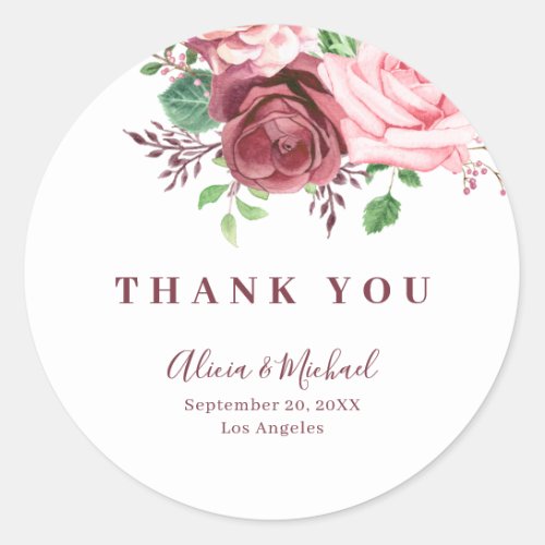 Elegant burgundy rose typography wedding thank you classic round sticker