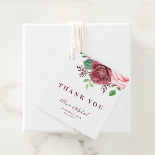 Elegant burgundy rose typography wedding thank you favor tags