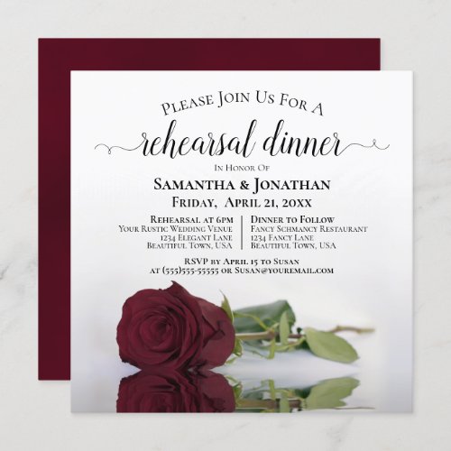 Elegant Burgundy Rose Wedding Rehearsal  Dinner Invitation