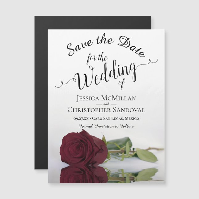 Elegant Burgundy Rose Wedding Save the Date Magnet (Front/Back)