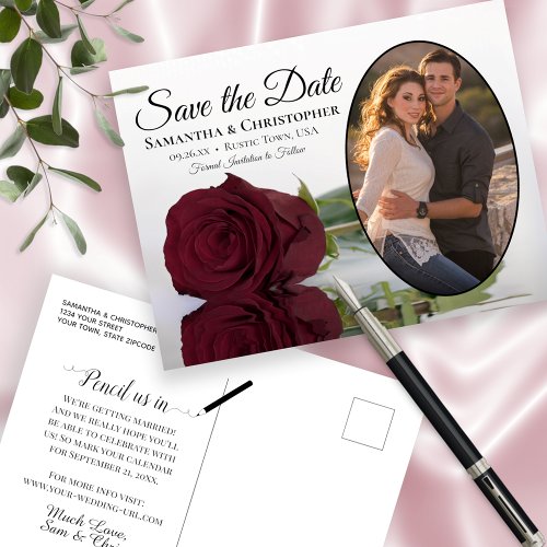 Elegant Burgundy Rose Wedding Save The Date Photo Announcement Postcard