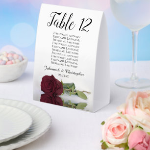 Elegant Burgundy Rose Wedding Table Number & Names Paper Table Tent