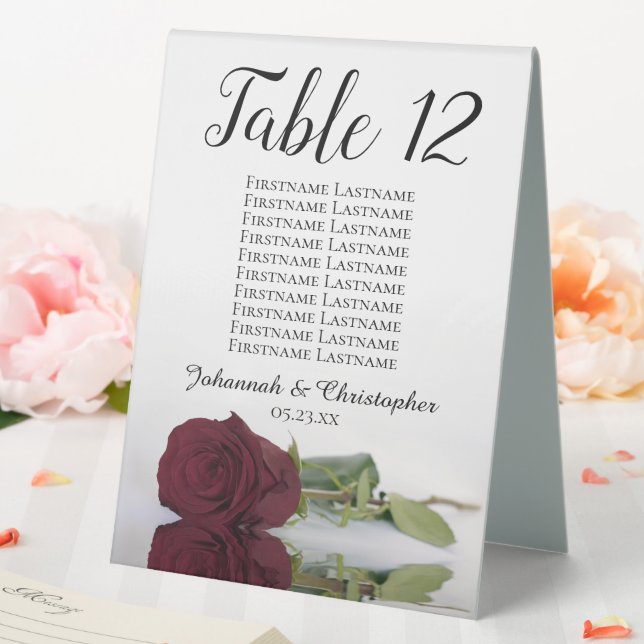 Elegant Burgundy Rose Wedding Table Number & Names Table Tent (In SItu (Wedding))