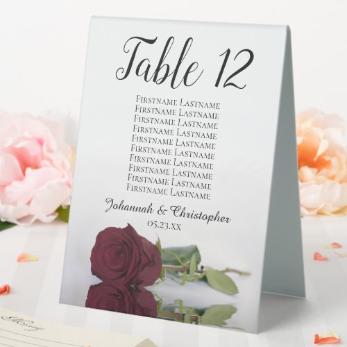 Elegant Burgundy Rose Wedding Table Number  Names Table Tent Sign