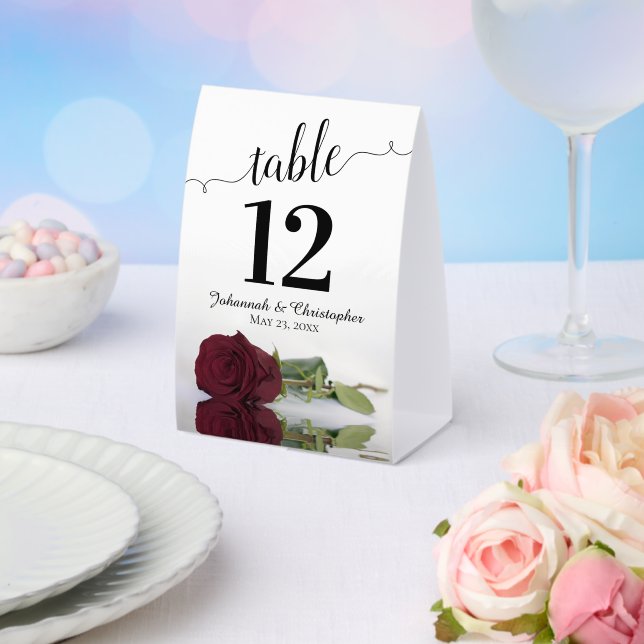 Elegant Burgundy Rose Wedding Table Number Paper Table Tent (Insitu(Wedding))