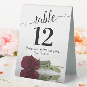 Elegant Burgundy Rose Wedding Table Number Table Tent