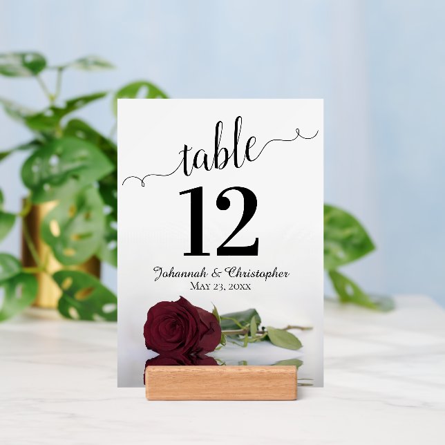 Elegant Burgundy Rose Wedding Table Number with Holder (Insitu 3)