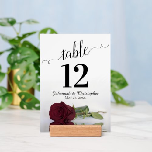 Elegant Burgundy Rose Wedding Table Number with Holder