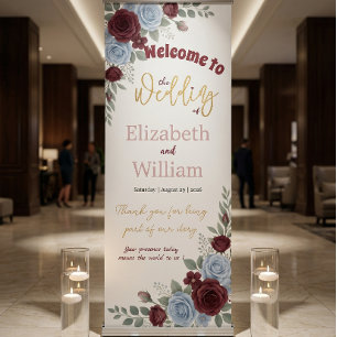 Elegant Burgundy Rose Wedding Welcome Retractable  Banner