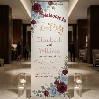 Elegant Burgundy Rose Wedding Welcome Retractable  Banner