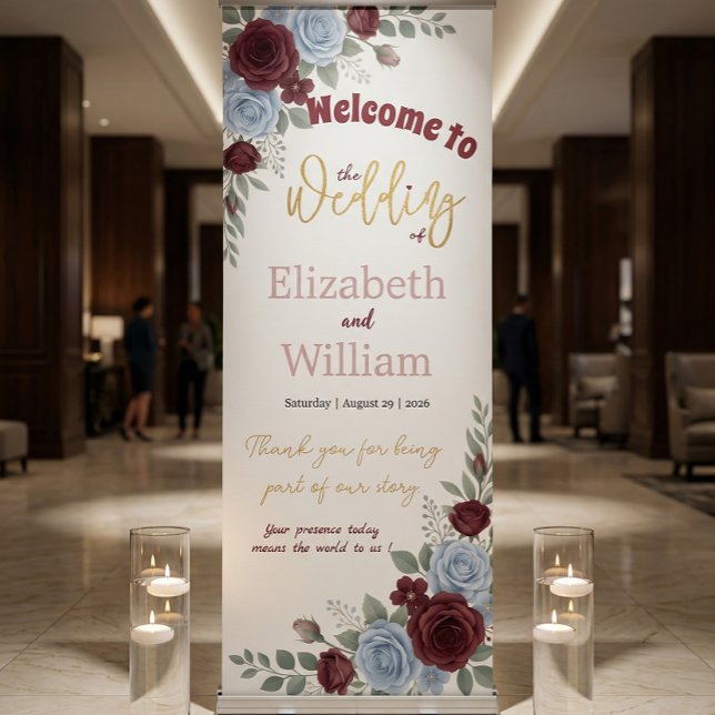Elegant Burgundy Rose Wedding Welcome Retractable  Banner (Creator Uploaded)