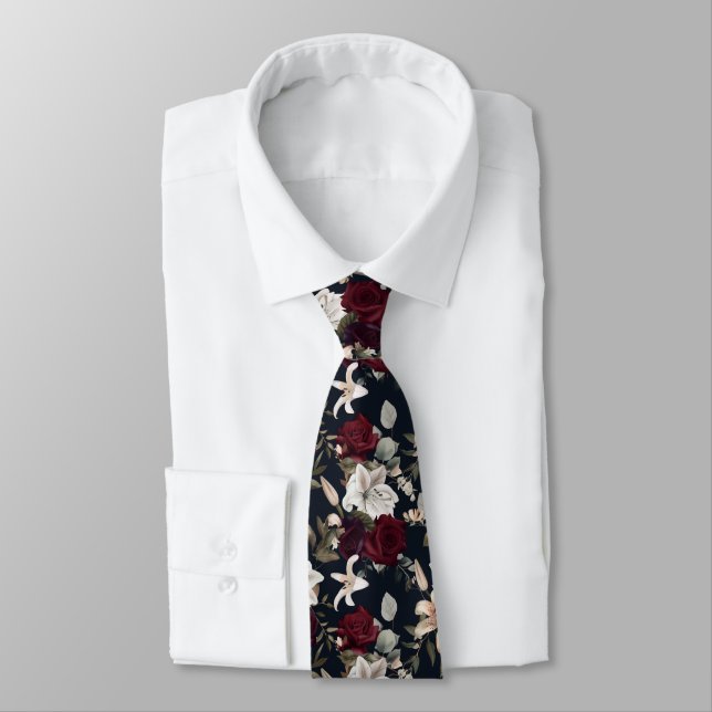 Elegant Burgundy Rose White Lily Floral Pattern Neck Tie (Tied)