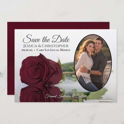 Elegant Burgundy Rose with Oval Photo Wedding Save The Date