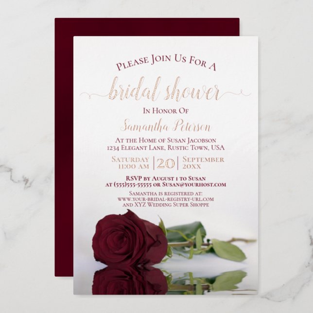 Elegant Burgundy Rose with Rose Gold Bridal Shower Foil Invitation (Front/Back)