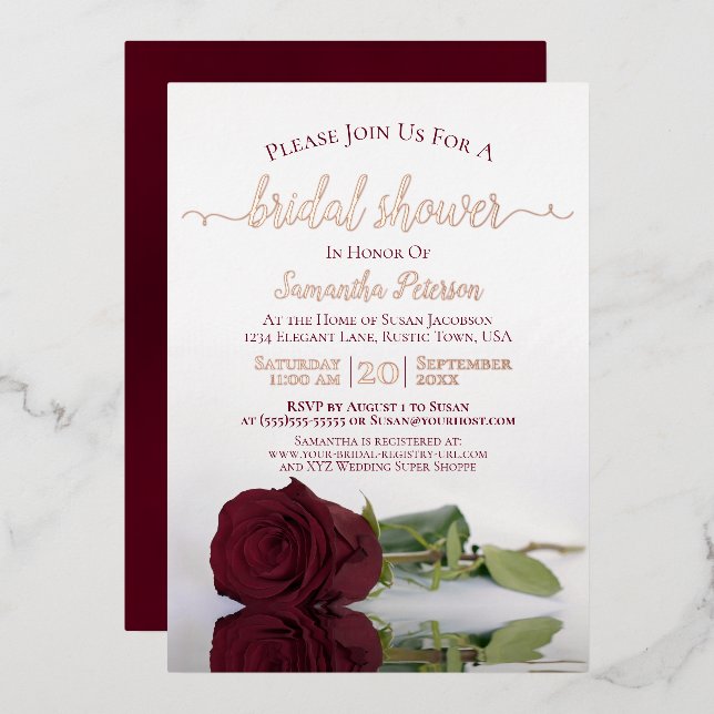 Elegant Burgundy Rose with Rose Gold Bridal Shower Foil Invitation (Front/Back)