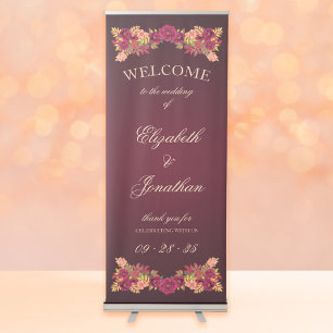 Elegant Burgundy Roses Boho Autumn Floral Wedding Retractable Banner