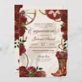 Elegant Burgundy Roses Charro Boots Quinceanera Invitation (Front/Back)