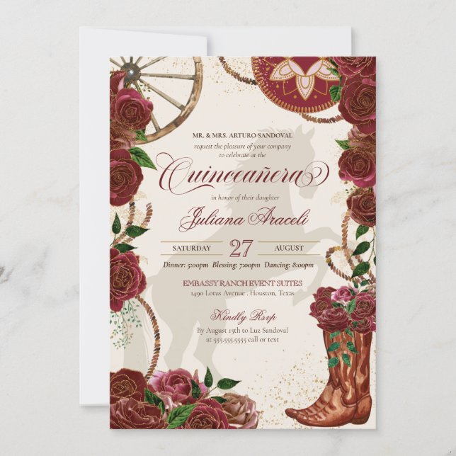 Elegant Burgundy Roses Charro Boots Quinceanera Invitation (Front)