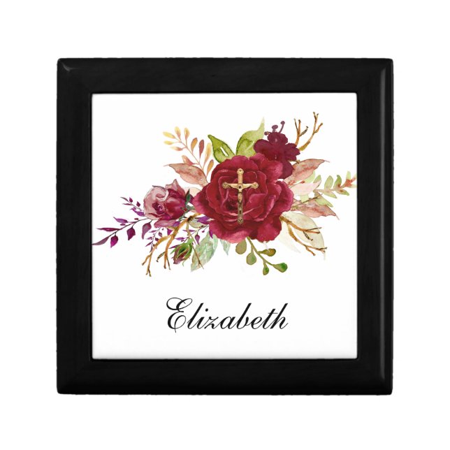 Elegant Burgundy Roses Crucifix Bridesmaid  Gift Box (Front)