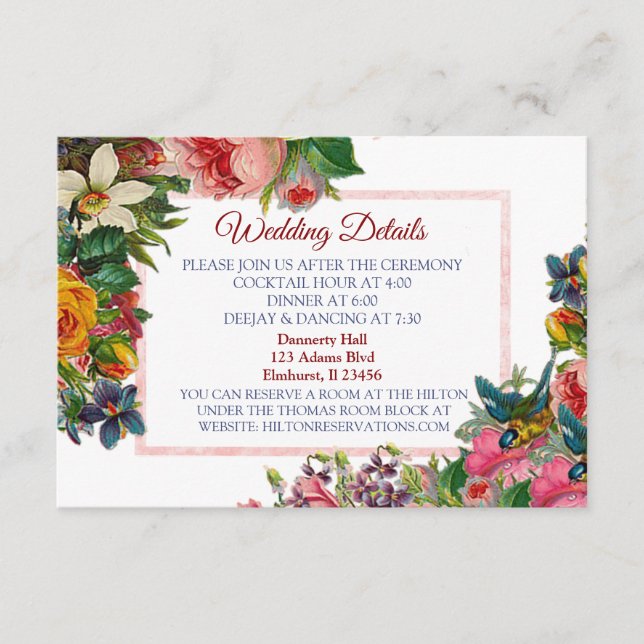Elegant Burgundy Roses Floral Wedding Details Card (Front)